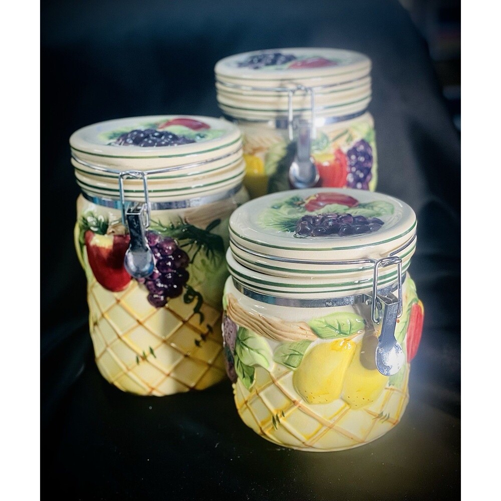 Vintage 3 Retro Fruit Decor Kitchen Canister Set Sugar Flour Coffee